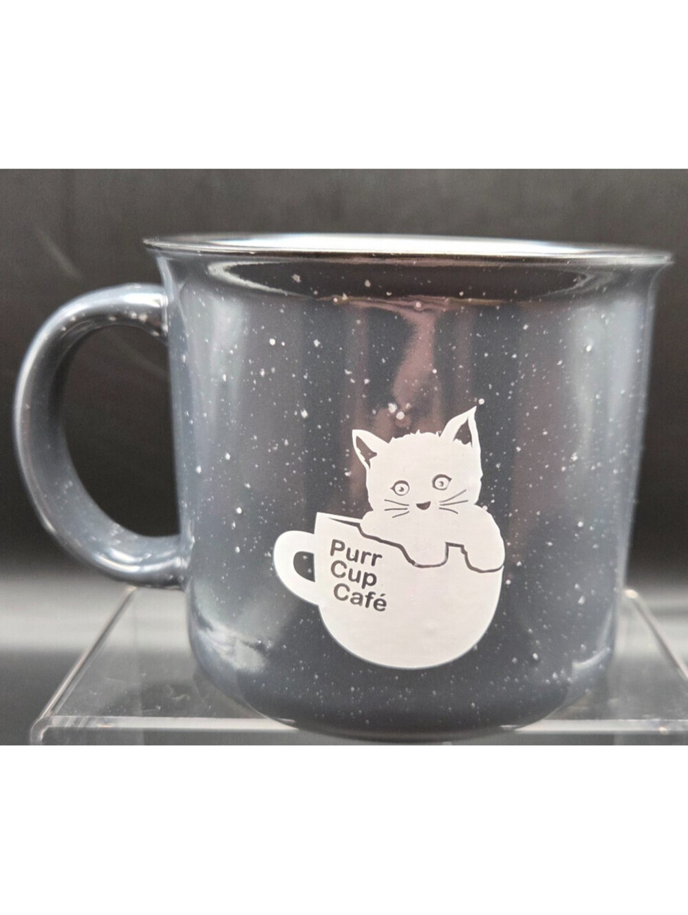 Purr Cup Cafe Mug Coffee Soup Grey Speckled Enamelware Style Cat Logo Pet Adopti